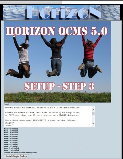 Screen 4: install the first MySQL tables and Simple Gallery
